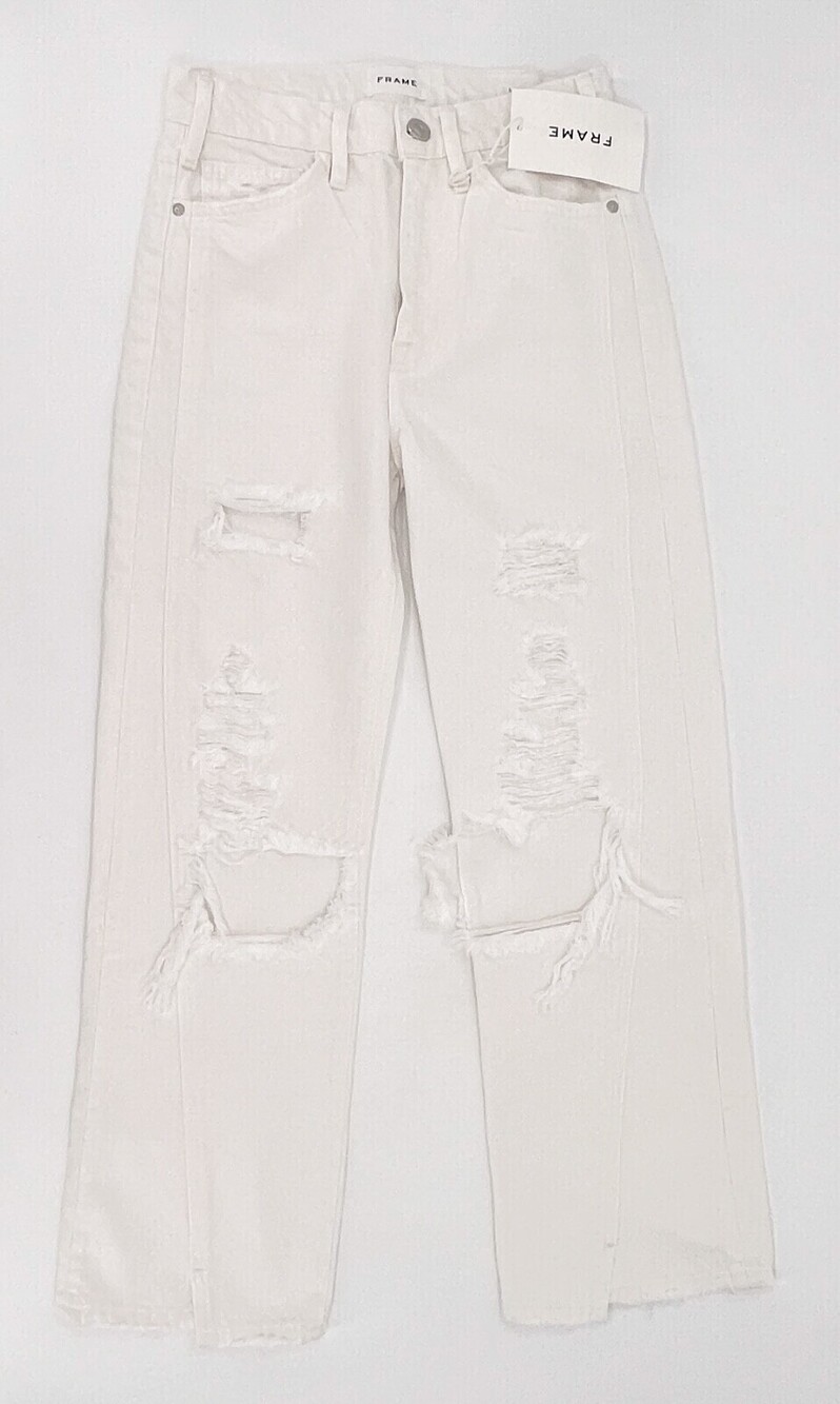 NEW Frame Jeans Womens 24 White Denim Distressed Ripped Mini Slit Le Jane Crop